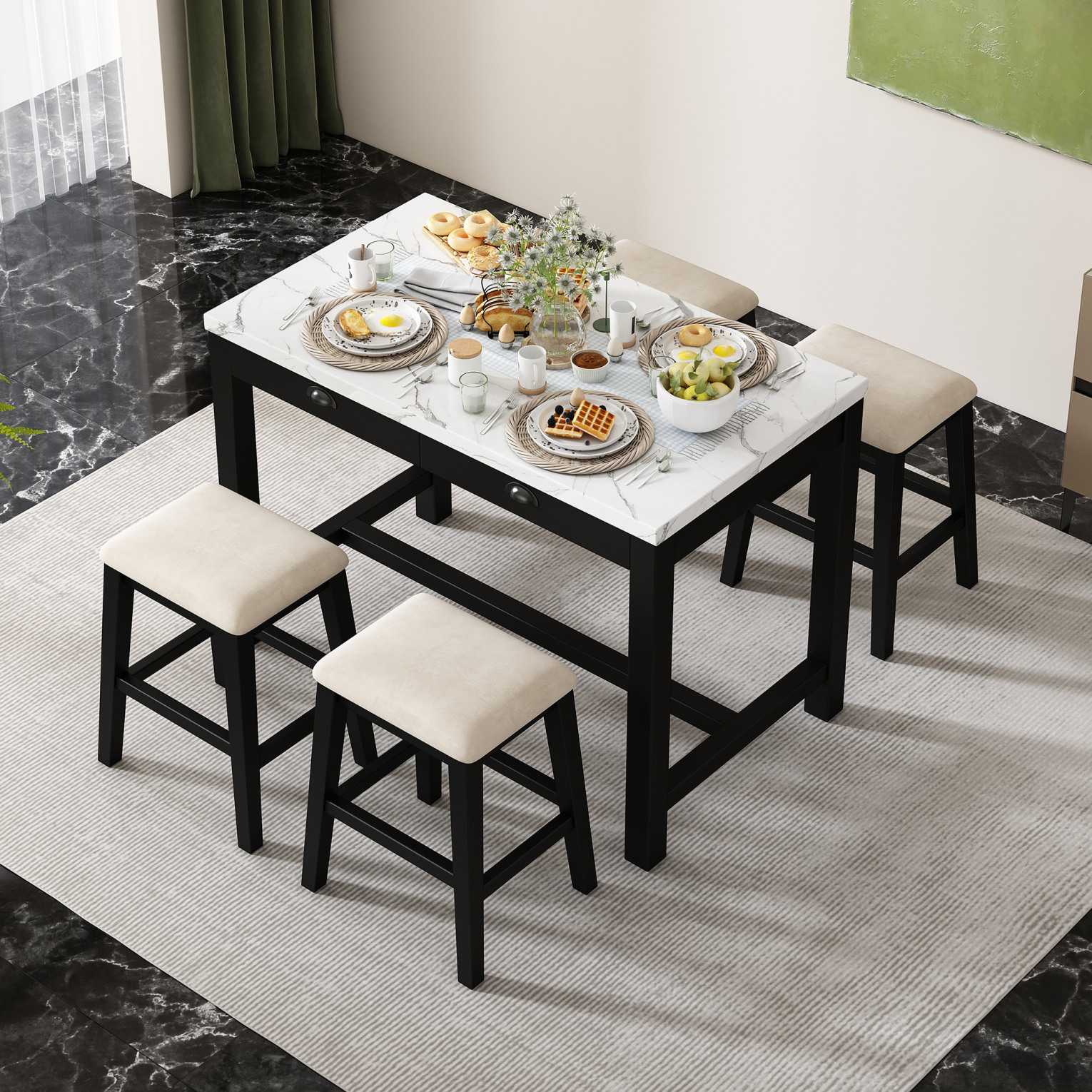 Dining Table Set for 4, Modern Faux Marble Bar Table with Storage ...