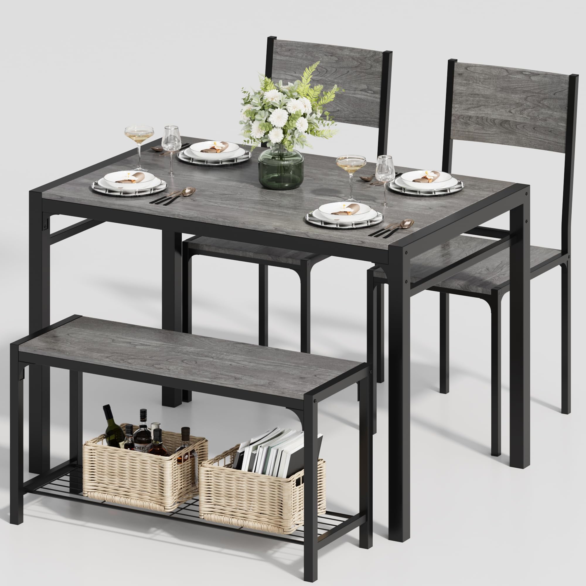 Dining Table Set for 4, Modern Kitchen Table Bench and Chairs ...