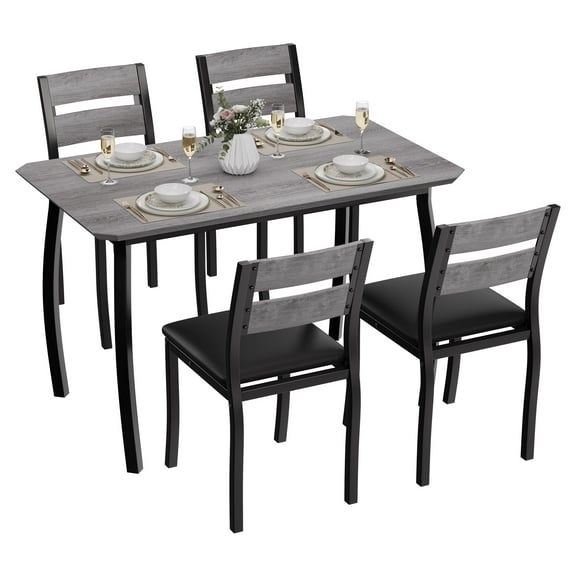 Dining Table Set for 4, Modern Metal & Wood Dining Room Table Set for 4 with Chamfered Edge & Cushion Seats, Space-Saving for Breakfast Nook, Apartment, Small Space, Dinette, Grey