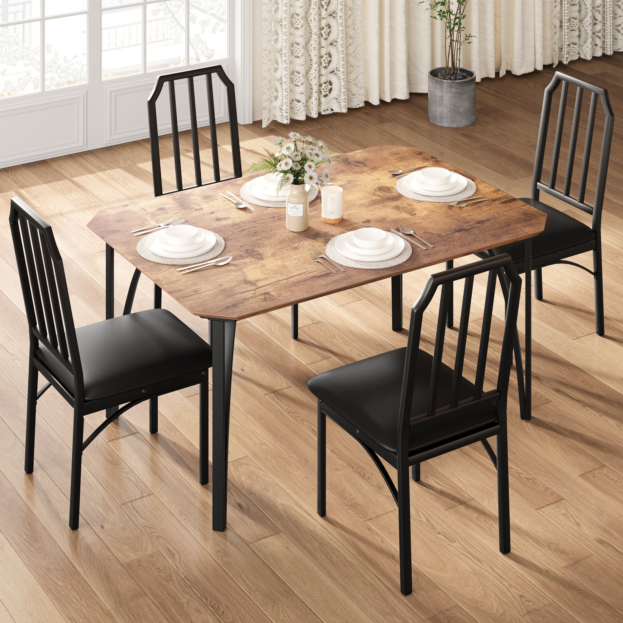Dining Table Set for 4 with Padded Chairs, Angular Design Kitchen Table ...