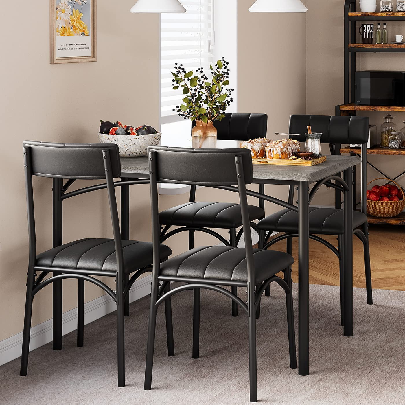 Dining Table Set for 4 with Padded Chairs, Metal and Wood Kitchen Table ...