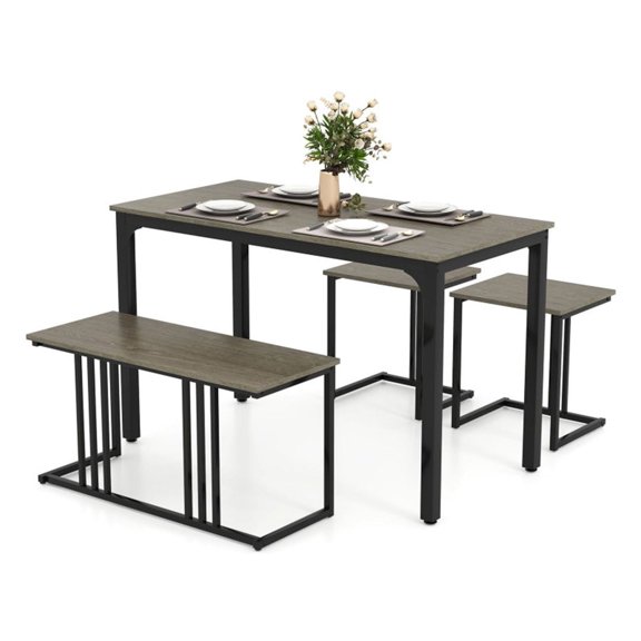 Dining Table Set 4 Piece, Kitchen Table Set with 2 Stools, Space Saving Nested Design, Industrial Style Wooden Table & Stools for Small Spaces, Oak