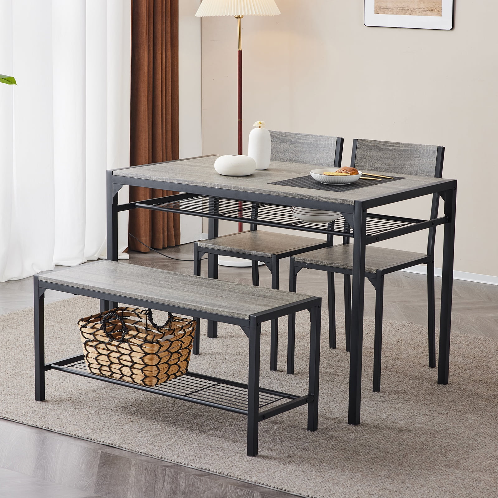 Dining Table Set 4 Piece Dining Room Table Set for Small Spaces Kitchen Table with 2 Chairs and a Long Bench Space Saving Table Set for Kitchen