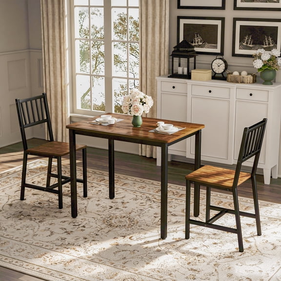 Dining Table Set, 4-Piece Wooden and Metal Home Dining Set with 4 Stools, Industrial Kitchen Table with Wood Tabletop and Steel Frame, Compact Dine Table for Apartments, S9990