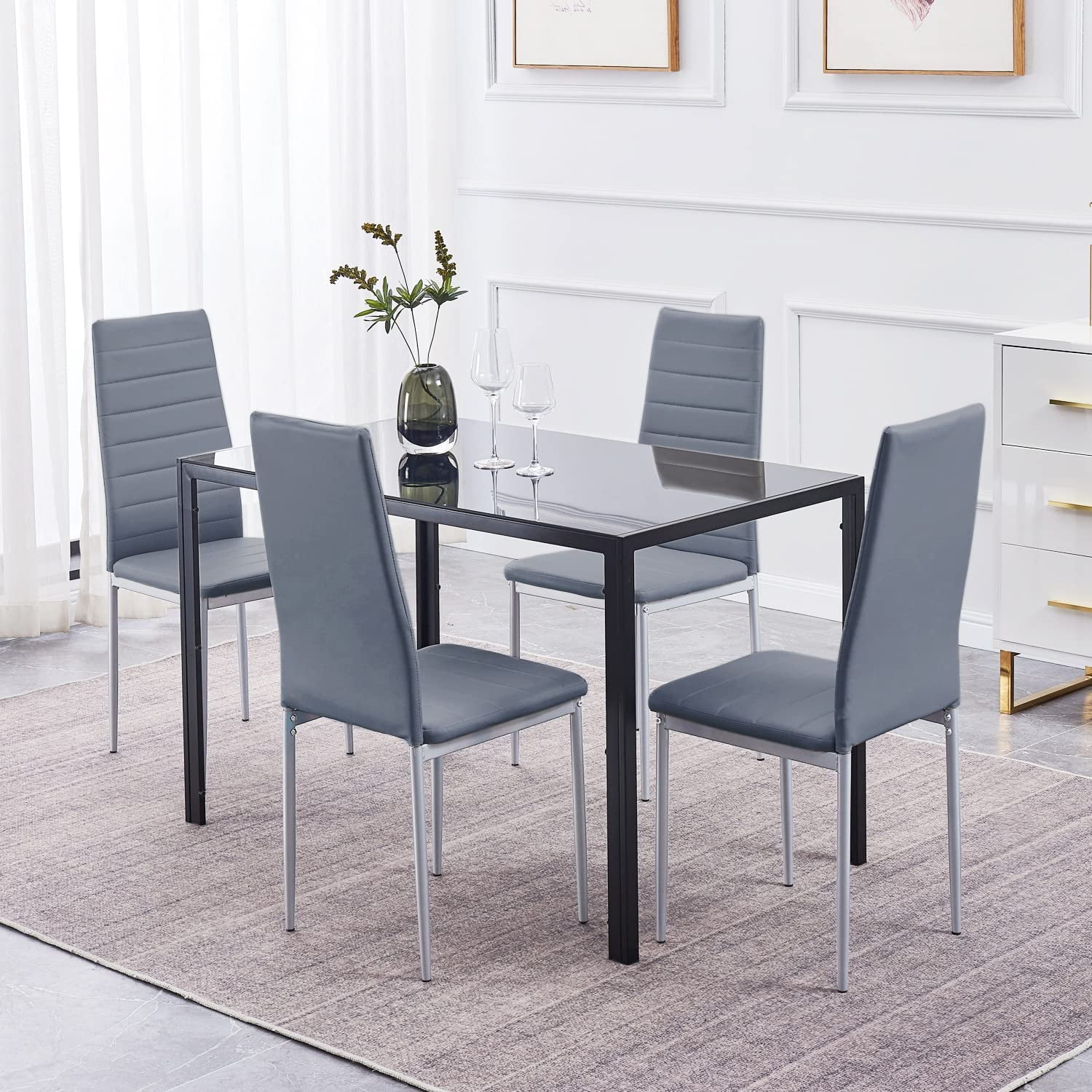 Dining Table Set for 4 ROZHOME 5 Piece Kitchen Table and Chairs with Tempered Glass Table Top and 4 Faux Leather Metal Frame Chairs Black with Light Slate Gray Walmart