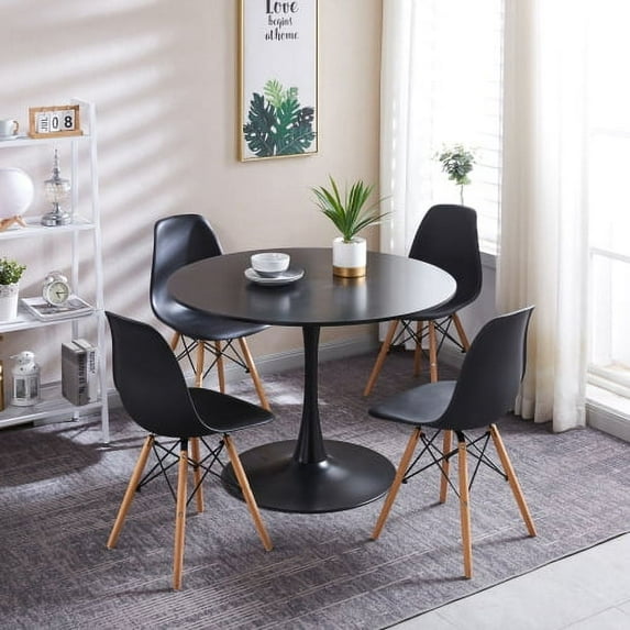 Dining Table Set for 4, Round Dining Room Table Set for 4, 5-Piece Table and Chair Set, Farmhouse Dining Table with 4 Chairs, Dining Table Set for Dining Room & Coffee Shop & Small Spaces, Black