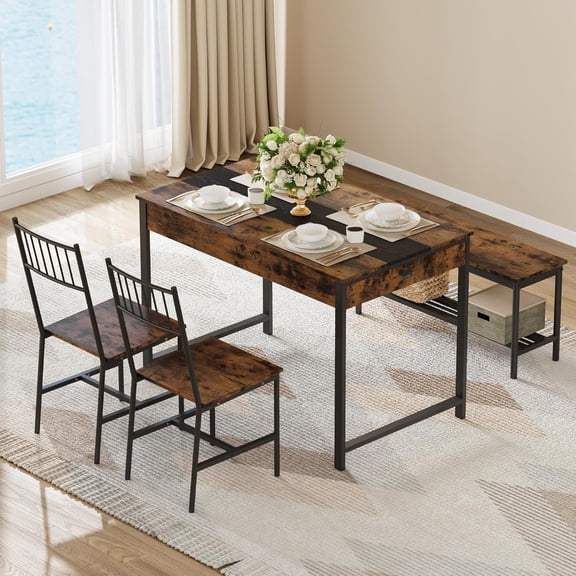 Dining Table Set for 4, Small Kitchen Table and 2 Chairs for 4 with Bench, Space Saving Kitchen Table Set with Storage Rack & Drawers, Breakfast Nook Rectangular Farmhouse Table Set