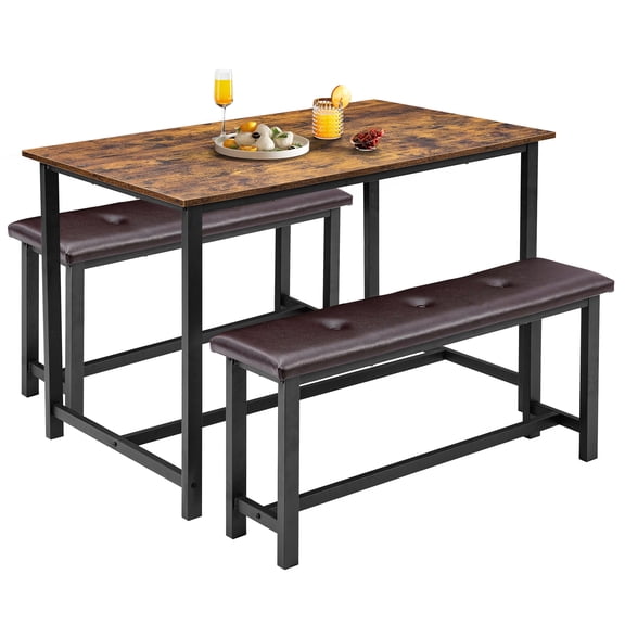Dining Table Set for 4 – Small Kitchen Table with 2 Upholstered Benches, 3-Piece Farmhouse Rectangular Set – Space-Saving for Apartment – Rustic Brown