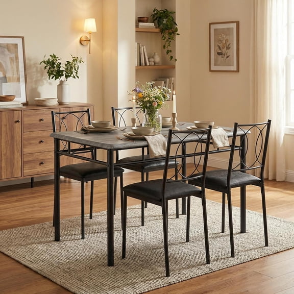 Dining Table Set for 4, Small Kitchen Table with Upholstered Chairs, Farmhouse Wood Dining Table Chairs for Kitchen Room, Small Spaces, Apartment, Grey