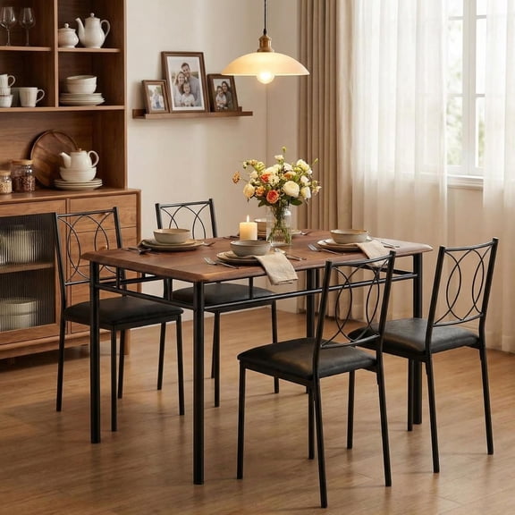 Dining Table Set for 4, Small Kitchen Table with Upholstered Chairs, Farmhouse Wood Dining Table Chairs for Kitchen Room, Small Spaces, Apartment,Walnut