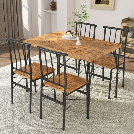 Dining Table Set for 4, Small Spaces Kitchen Table and Chairs - Wood Top & Metal Legs, Compact Dining Set for Apartments, Sturdy Space-Saving Design, Brown