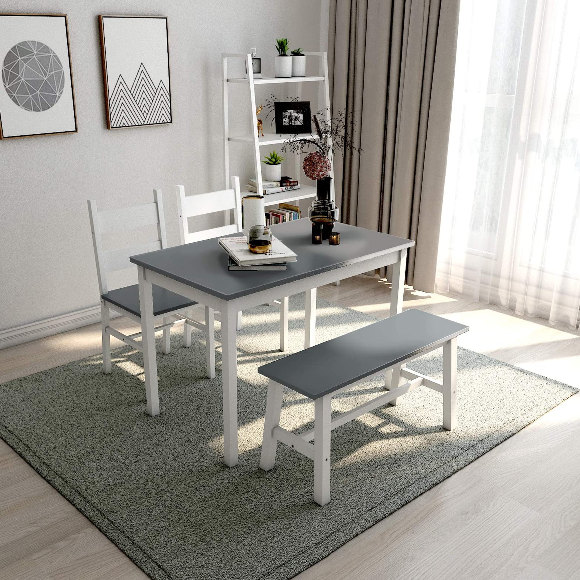 4Piece Solid Wood Dining Table Set, 2 Chairs and Bench, Farmhouse