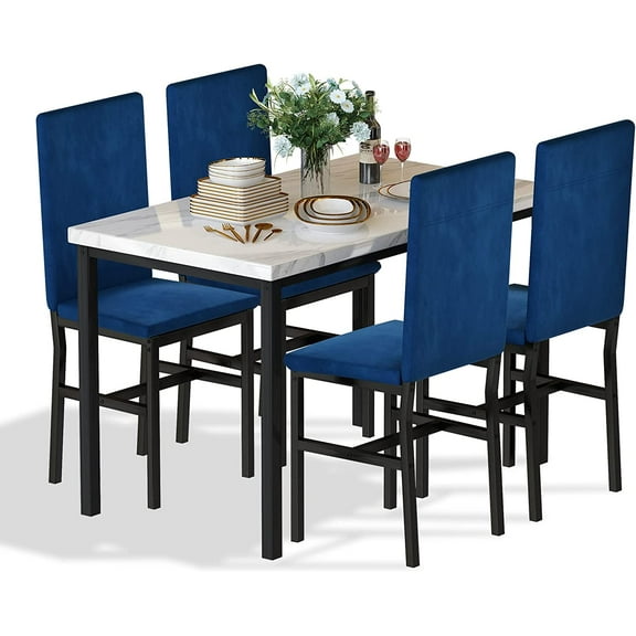 Dining Table Set for 4- Space Saving Kitchen Table and Chairs for 4, Modern Style Faux Marble Tabletop & 4 Blue Velvet Chairs for Dining Room, Kitchen, Breakfast Corner Small Spaces, Blue