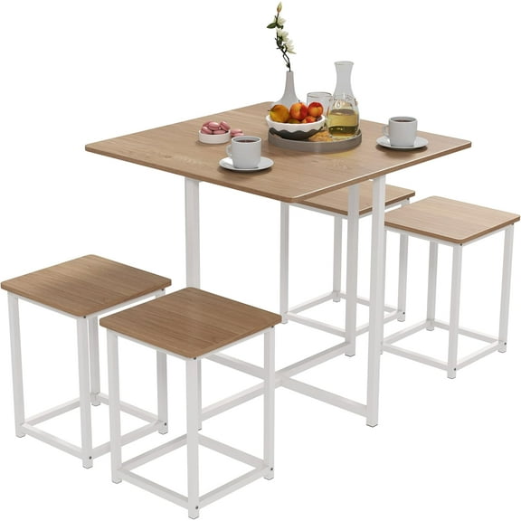 Dining Table Set for 4, Square Kitchen Table w/ 4 Stools, 5 Piece Dinner Table Set w/Metal Frame, Dining Set for Small Spaces, Compact Table & Chairs for Home, Bistro, Restaurant (Natural)