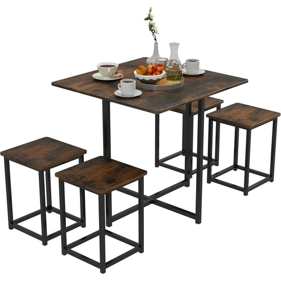 Dining Table Set for 4, Square Kitchen Table w/ 4 Stools, 5 Piece Dinner Table Set w/Metal Frame, Dining Set for Small Spaces, Small Table & Chairs for Home, Bistro, Restaurant (Rustic Brown)