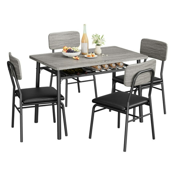 Dining Table Set for 4 with Storage Rack, 5-Piece Kitchen Table and Upholstered Chairs of 4, Wood Tabletop & Heavy-Duty Metal Frame, Dining Room Set for Small Space, Apartment