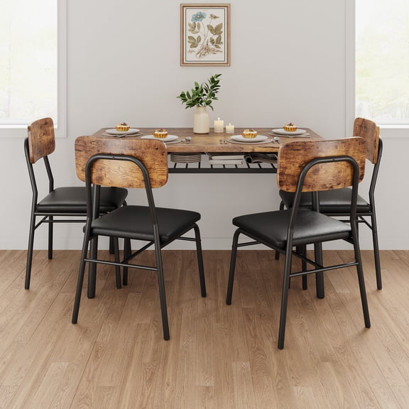 Dining Table Set for 4 with Storage Rack, 5-Piece Kitchen Table and Upholstered Chairs of 4 with Wood Tabletop & Metel Frame, Dining Room Table Set for Kitchen, Dining Room, Brown