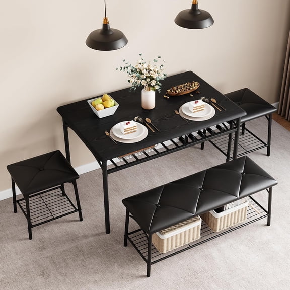 Dining Table Set for 4 with Storage Shelves, Kitchen Table Set with Upholstered Bench and Square Stools, Metal and Wood Dining Room Table Set for Small Space, Apartment,Restaurant,Kitchen