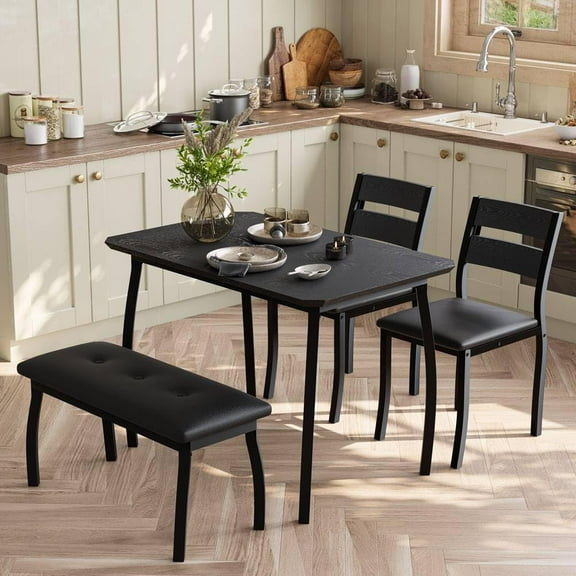 Dining Table Set for 4,Sturdy Wooden Kitchen Table with Chamfer Design and Metal legs,Kitchen Table with Upholstered Bench and 2 Chairs,Kitchen and Dining Set for Home Dinner,Party,Apartment