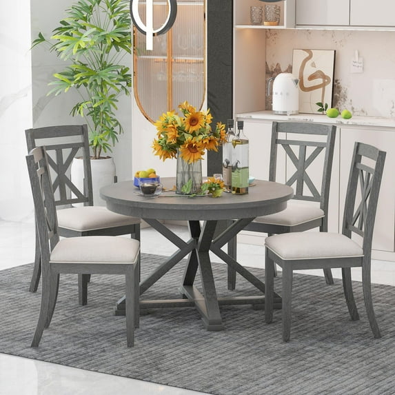Dining Table Set for 4, TUANLUO Dining Room Set with Extendable Round Table and 4 Upholstered Dining Chairs, Farmhouse 5 Piece Dining Table and Chairs Set for Apartment Kitchen Dining Room, Gray