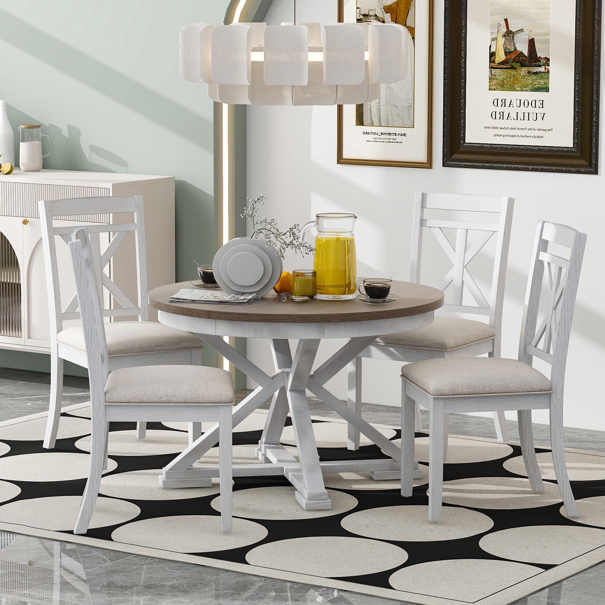 Dining Table Set for 4, TUANLUO Dining Room Set with Extendable Round ...
