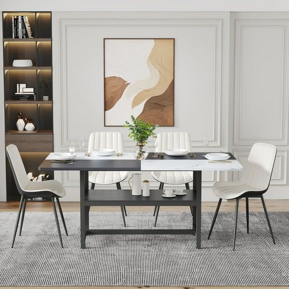 Dining Table Set for 4, Two-color Splicing Dining Table with 4 PU Chairs, White & Dark Gray Splicing Chairs, Modern Kitchen Table Chairs Set for Kitchen, Dining Room