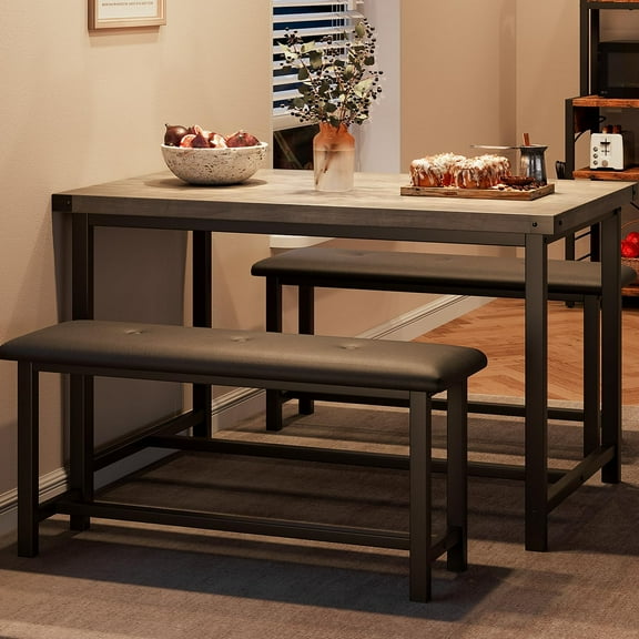 Dining Table Set for 4 with Upholstered Benches, Space-Saving 3 Piece Kitchen Bench Dining Table Set, Rectangular Dining Table for Home, Kitchen, Dining Room
