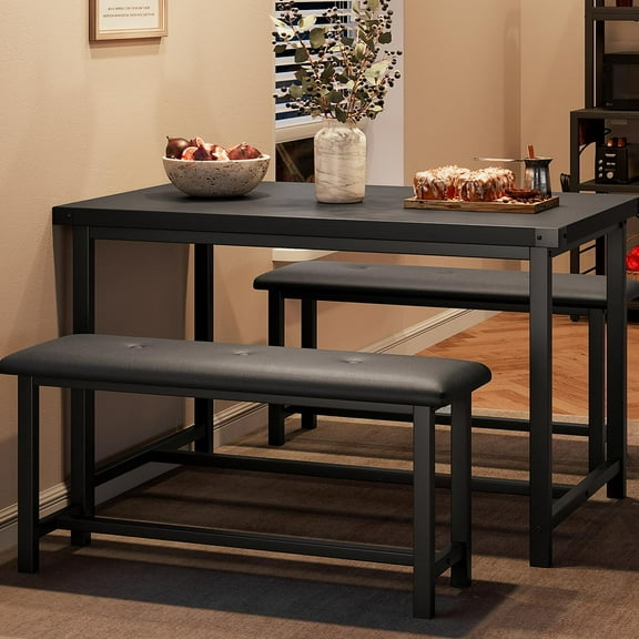 Dining Table Set for 4 with Upholstered Benches, Space-Saving 3 Piece Kitchen Bench Dining Table Set, Rectangular Dining Table for Home, Kitchen, Dining Room