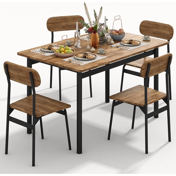 Dining Table Set for 4, Wood Kitchen Table and Chairs,Oval Backrest Kitchen & Dining Room Tables, Dinette Set for Small Space, Dining Room, Breakfast Nook, Apartment, Brown
