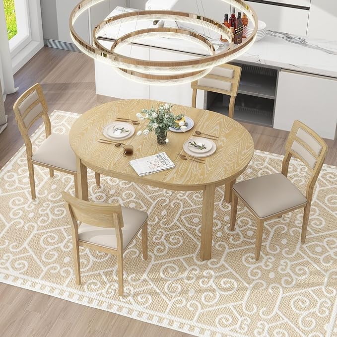 Dining Table Set for 4, Wood Round Extendable Table with