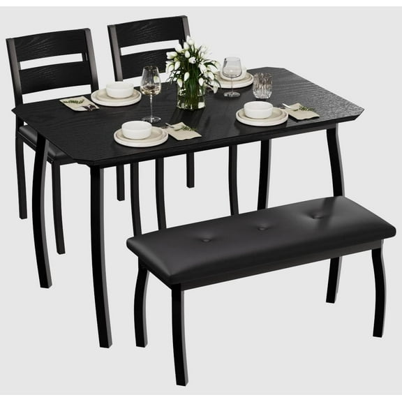 Dining Table Set for 4, Wooden Kitchen Table with Chamfer Design and Metal Legs, Upholstered Bench & 2 Classic Dinner Chairs, Kitchen and Dining Set for Home Dinner, Apartment