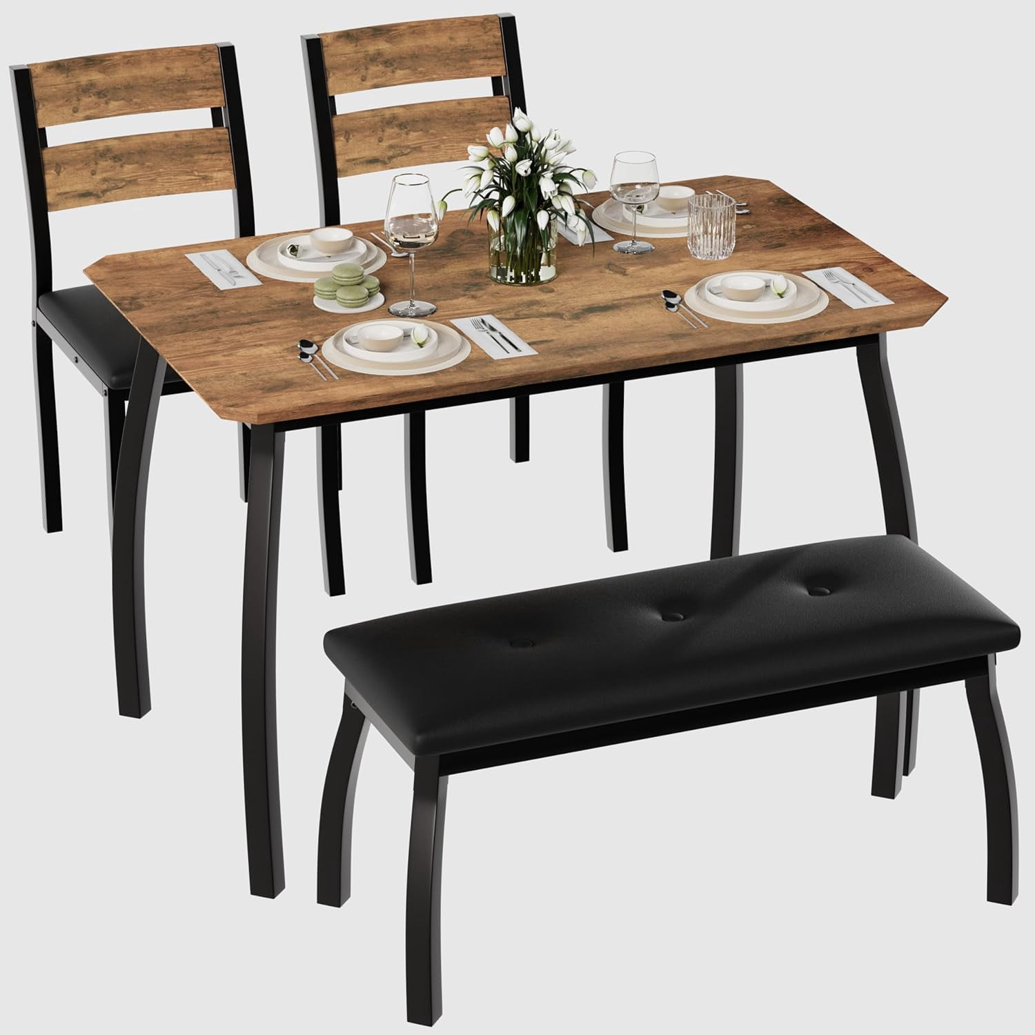 Dining Table Set for 4, Wooden Kitchen Table with Chamfer Design and ...