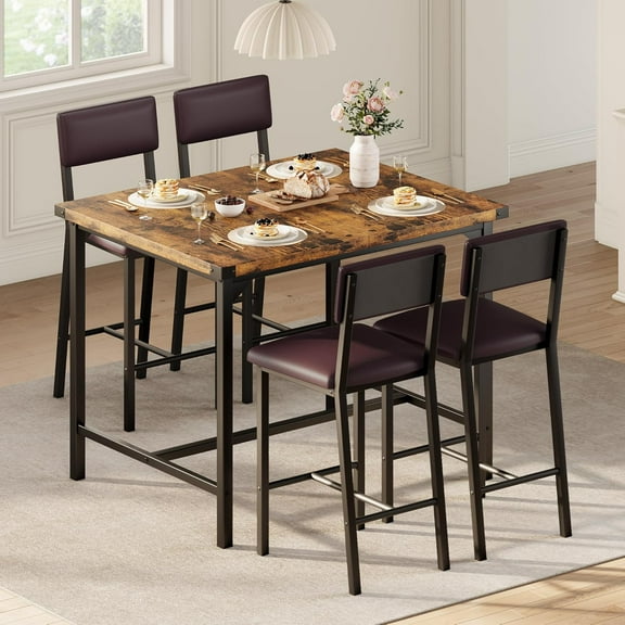 Dining Table Set for 4 w/Counter Height Table & 4 Upholstered Bar Stools, 5-Piece Kitchen Table Set with Footrest & Corner Protector, for Kitchen Room, Apartment, Pub，Brown