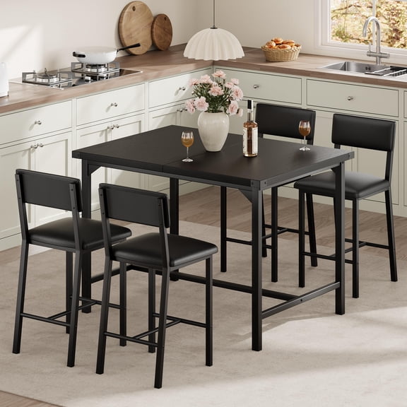 Dining Table Set for 4 w/Footrest & Corner Protector, 5-Piece Kitchen Table Set with Backrest, Counter Height Table with 4 Upholstered Bar Stools for Dining Room, Apartment, Retro Brown/Grey/Black