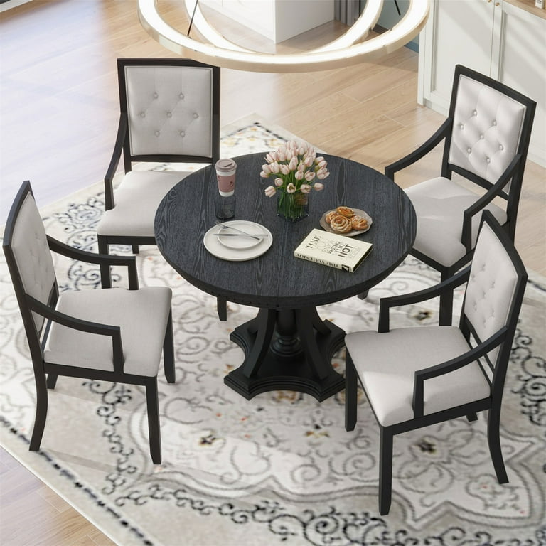 5-Piece Retro Extendable Round Dining Table Set with Chairs