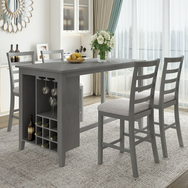 Dining Table Set, 5-Piece Multi-Functional Counter Height Dining Set with Padded Chairs, Integrated 9 Bar Wine Compartment AND Wineglass Holders, Kitchen Table Set for Dining Room, Gray
