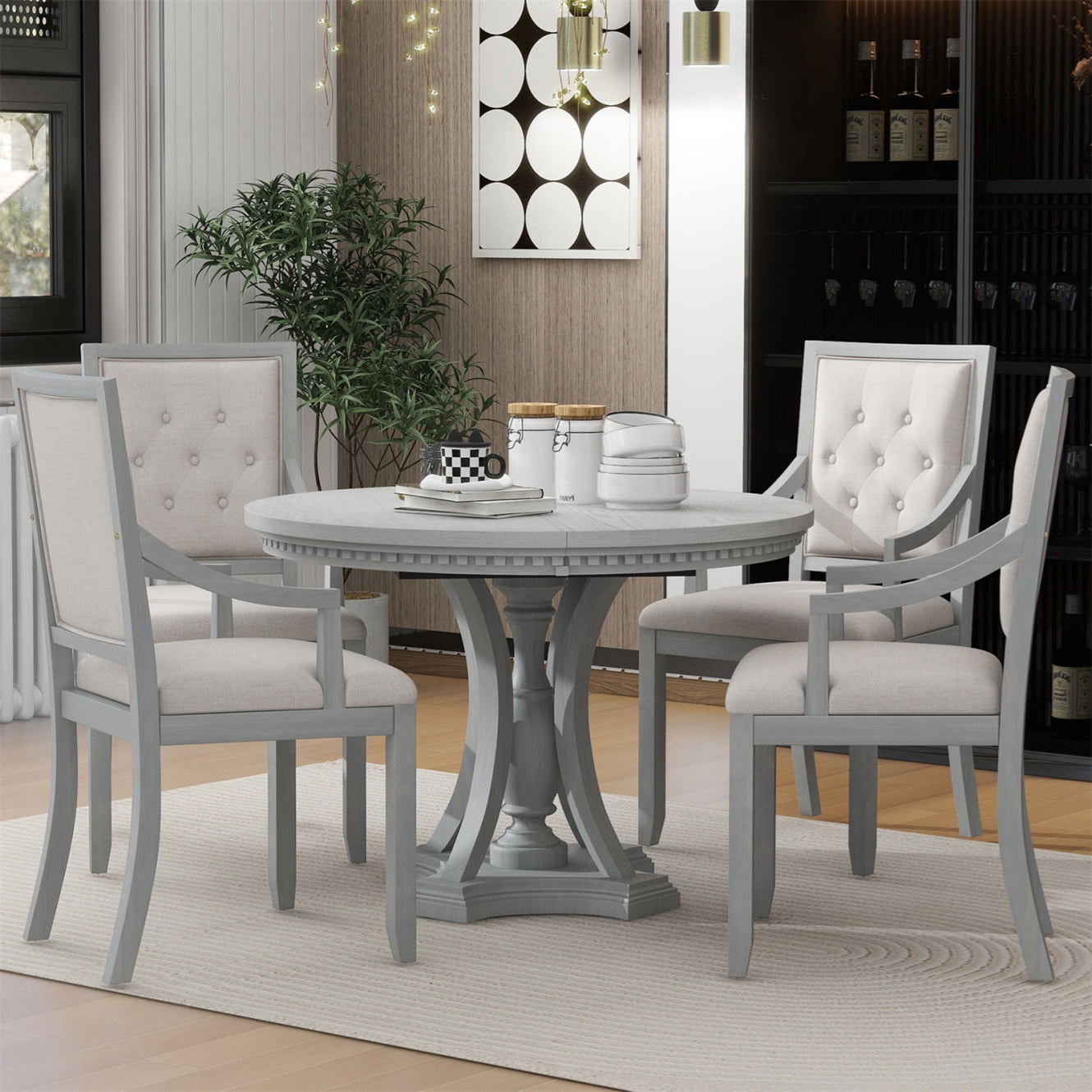 Dining Table Set, 5Piece Dining Room Set, Retro Extendable Round