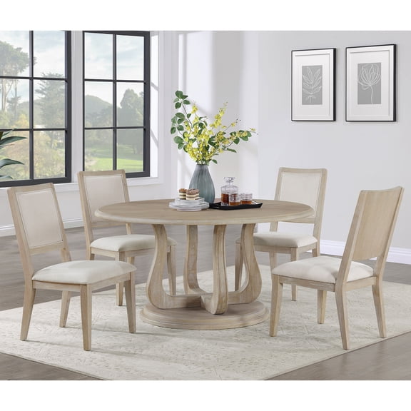 Dining Table Set, 5-Piece Round Rubberwood Wood Table with Pedestal Base and 4 Beige Upholstered Side Chairs, White Washed Finish, 60 Inch Diameter for Farmhouse Dining Room