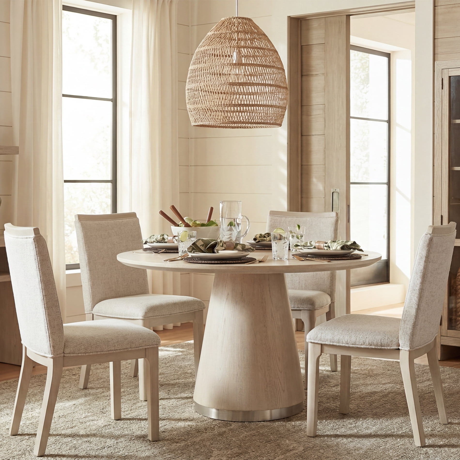 Dining Table Set - 5 Pieces, Round Pedestal Kitchen Table and 4 Upholstered Solid Wood Dining Chairs with High Back