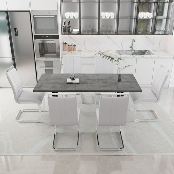 Dining Table Set, 55.12-70.87" Expandable MDF Square Kitchen Table with 6 PU Leather Cushioned Armless Chairs, C-Shaped Metal Legs, Grey and White Modern Set for Dining Room