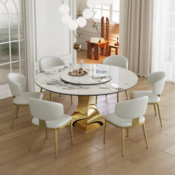 Dining Table Set, 59" Round White Sintered Stone Table with Rotating Lazy Susan, Gold Stainless Steel Hourglass Base and 6 Grey Padded Chairs, Modern Kitchen Dining Set for 6 People