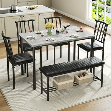 6 Piece Dining Room Set, Modern Dining Table Sets for 6 with Bench and Chairs, Wood Kitchen Table and Chairs Set for Breakfast Nook with PU Leather Upholstered Chairs, Gray