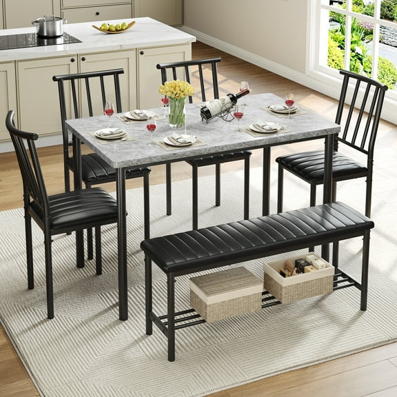 Legahome Dining Set for 6, Modern 6 Piece Dining Table Set with Bench, Small Space Rectangular Kitchen Table and Chairs Set, Faux Marble Dining Tabletop and PU Leather Chairs, Gray