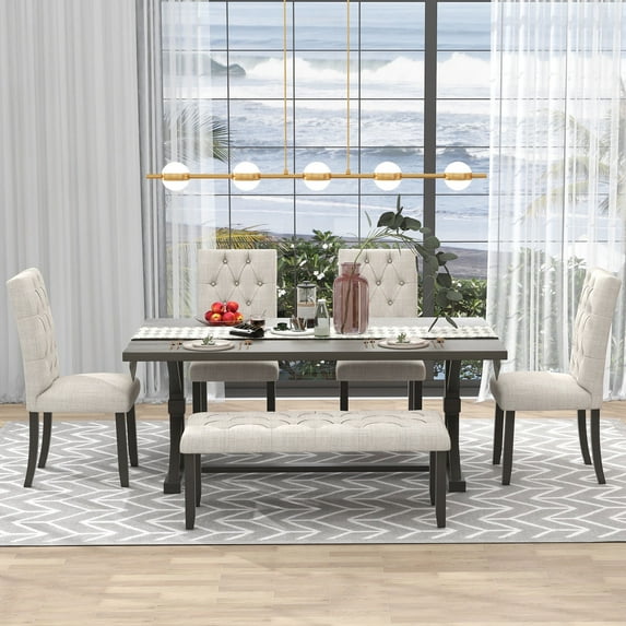 Dining Table Set for 6, 6 Piece Wood Rectangular 72" Table and 4 Upholstered Chairs and Bench, Dining Room Set for Small Space, Family Furniture Dining Set for Kitchen Dorm Apartment(Gray)