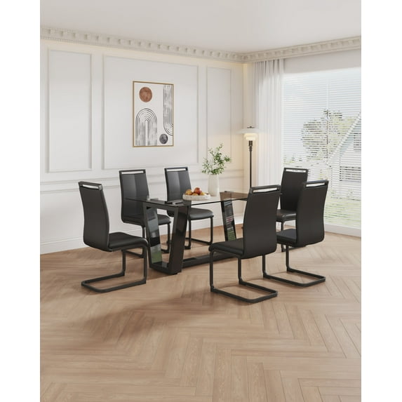 Dining Table Set for 6, 63" Modern Rectangular Kitchen Table with Tempered Glass Tabletop, PU Leather Side Chairs with High Backrest for Dining Room (1 Table with 6 Chairs)