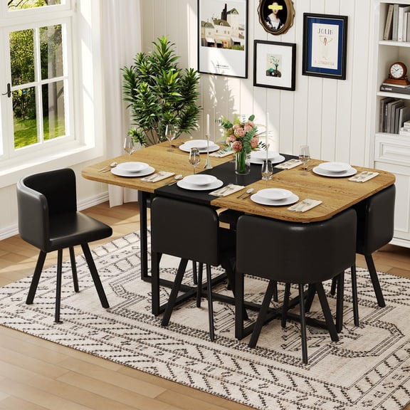 Dining Table Set for 6, 7-Piece Rectangular Melamine Wood Grain Table and Black Oil-Wax Faux Leather Chairs with Metal Legs for Kitchen, Dining Room, Apartment and Small Spaces