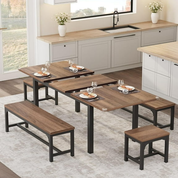 Dining Table Set for 6-8 with Benches and Stools,63"Large Extendable Dining Room Table Set for 4,Wooden Dining Table Set for 6, Kitchen Table Set,Dinner Table Set for 6,Ideal for Small Space-Walnut