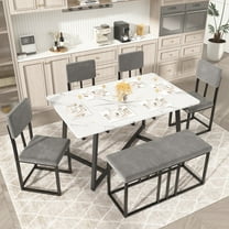 6 Piece Dining Room Table Set, Dining Table Sets for 6 with Chairs and Bench, Large Dinning Table and Chairs 4to6Set, Modern Kitchen Table Sets with Chairs for 6, White Table and Gray Chairs Set