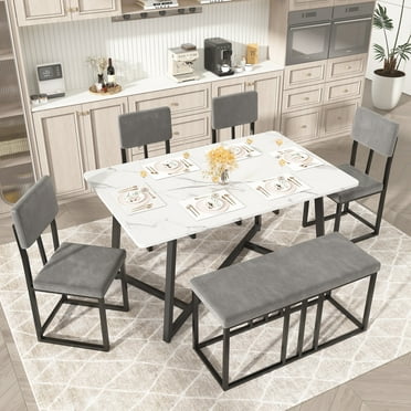 6 Piece Dining Room Table Set, Dining Table Sets for 6 with Chairs and Bench, Large Dinning Table and Chairs 4to6Set, Modern Kitchen Table Sets with Chairs for 6, White Table and Gray Chairs Set