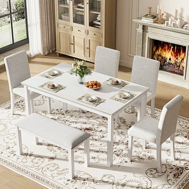 6 Piece Dining Set with Bench, Farmhouse Rectangular Dining Table Set for 6, Solid Wood Dining Room Set with Bench and Chair, Kitchen Furniture Kitchen Dining Set for Home Dinner, White